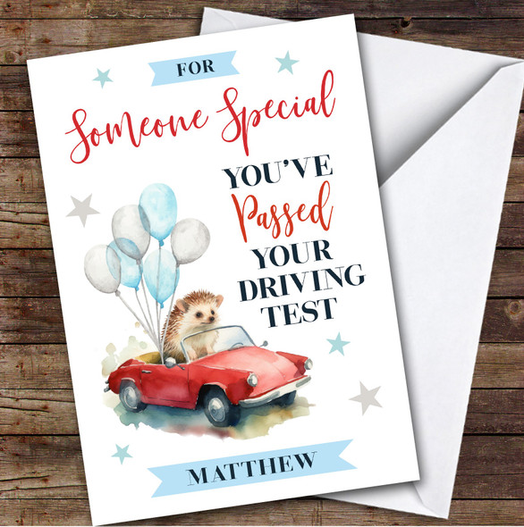 Personalised Passed Driving Test Card For Someone Special Hedgehog Car Balloons