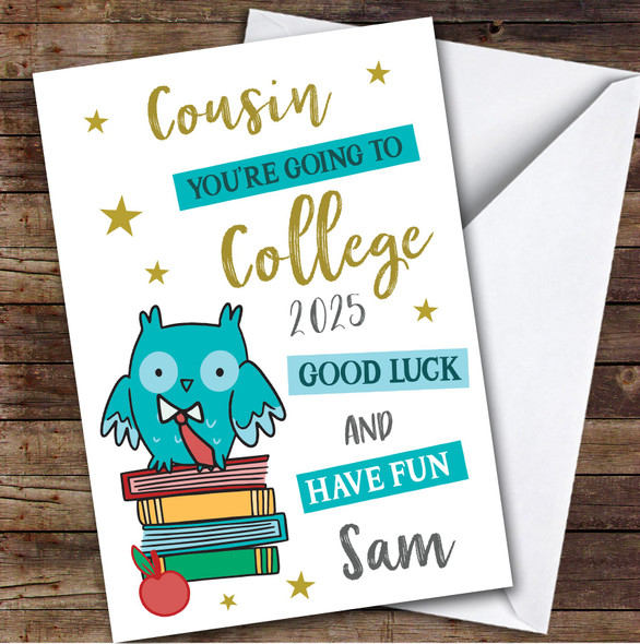 Personalised Off To College Card For Cousin Blue Owl