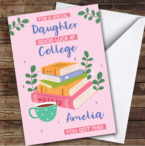 Personalised Off To College Card For Daughter Books Mug Pink