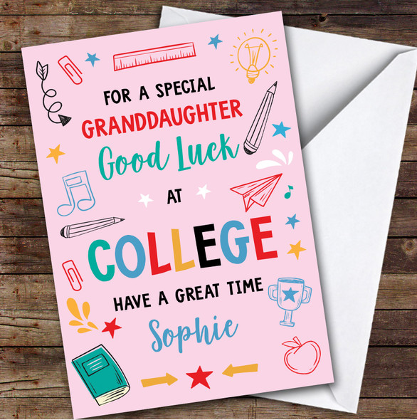 Personalised Off To College Card For Granddaughter Bright Doodle Pink