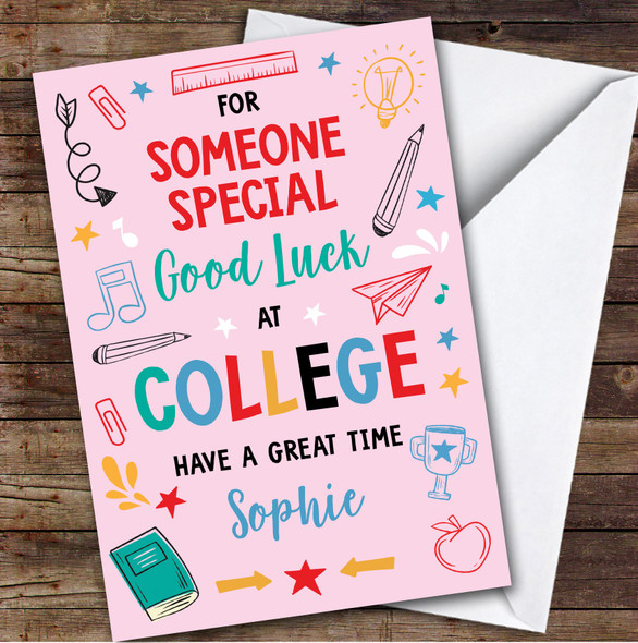 Personalised Off To College Card For Someone Special Bright Doodle Pink