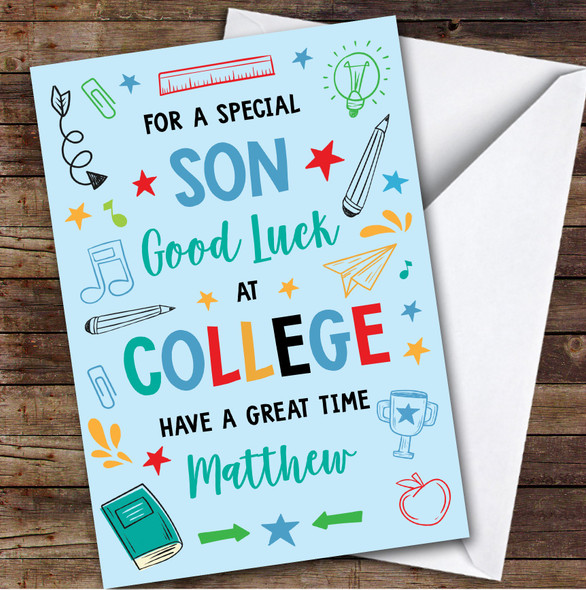Personalised Off To College Card For Son Bright Doodle Blue