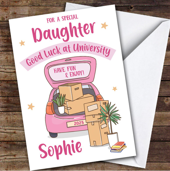 Personalised Off To University Card For Daughter Pink Car Moving Boxes