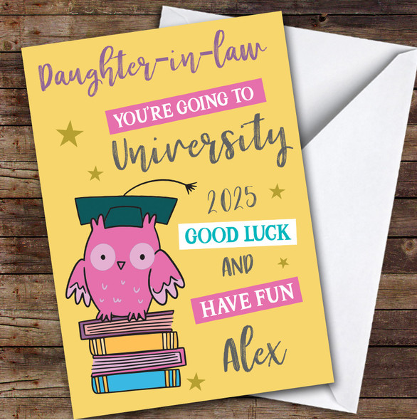 Personalised Off To University Card For Daughter-In-Law Pink Owl