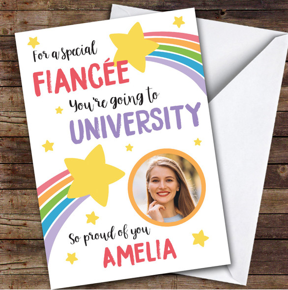 Personalised Off To University Card For Fiancee Photo Rainbow Star
