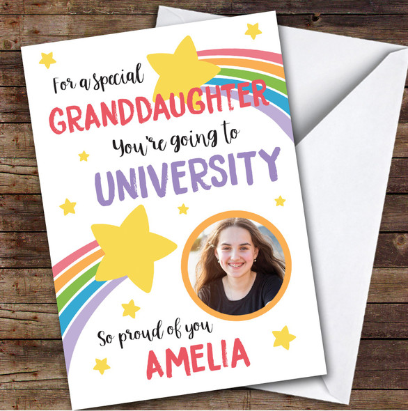 Personalised Off To University Card For Granddaughter Photo Rainbow Star