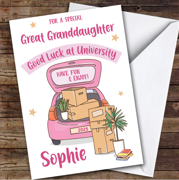 Personalised Off To University Card For Great Granddaughter Car Moving Boxes