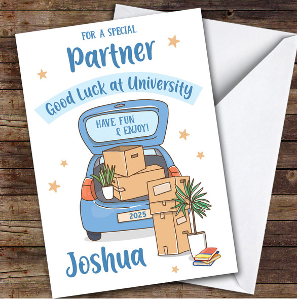 Personalised Off To University Card For Partner Blue Car Moving Boxes