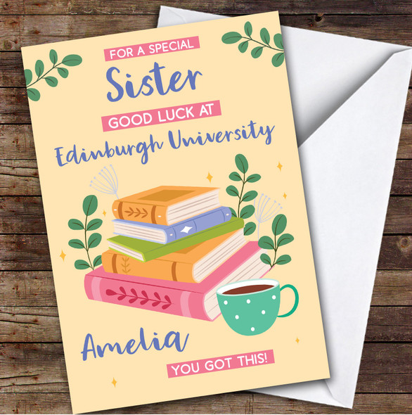 Personalised Off To University Card For Sister Books Mug Yellow