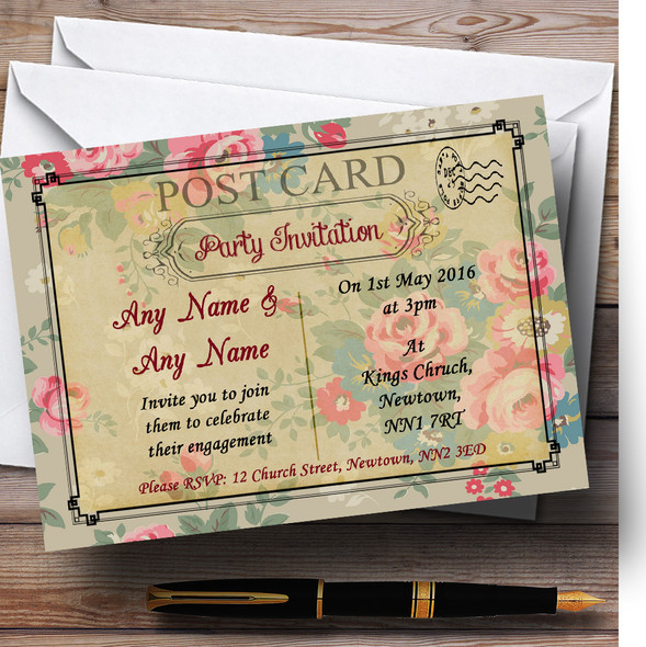 Floral Vintage Paris Shabby Chic Postcard Customised Engagement Party Invitations