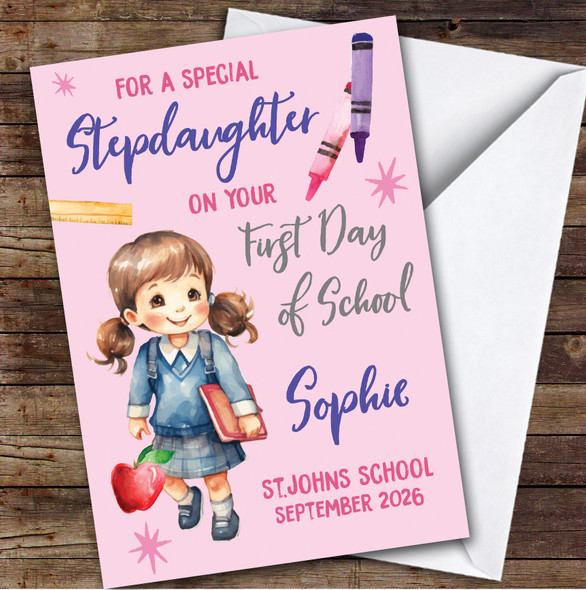 Personalised First Day Of School Card For Stepdaughter School Card For Girl Pink