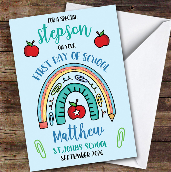 Personalised First Day Of School Card For Stepson Rainbow Pencil Blue