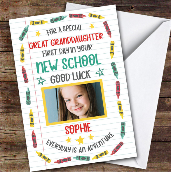 Personalised Going To New School Card For Great Granddaughter Photo Crayons