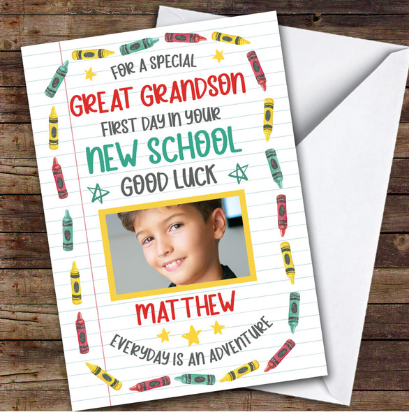 Personalised Going To New School Card For Great Grandson Photo Crayons