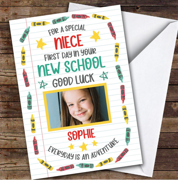 Personalised Going To New School Card For Niece Photo Crayons