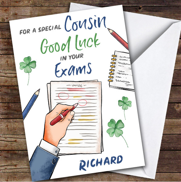 Personalised Good Luck In Exams Card For Cousin Hand Test