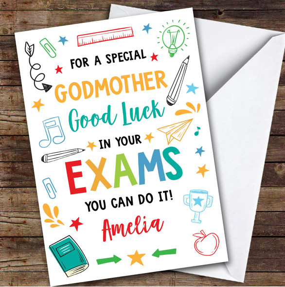 Personalised Good Luck In Exams Card For Godmother Bright Doodle
