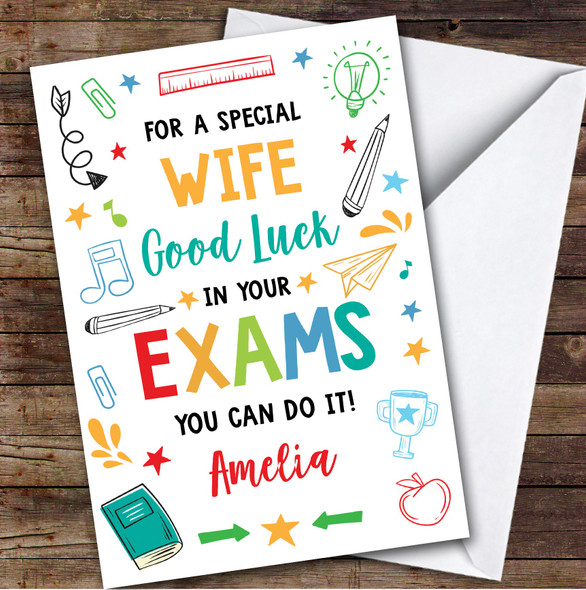 Personalised Good Luck In Exams Card For Wife Bright Doodle