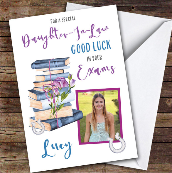 Personalised Good Luck In Your Exams Card For Daughter-In-Law Photo Purple Books