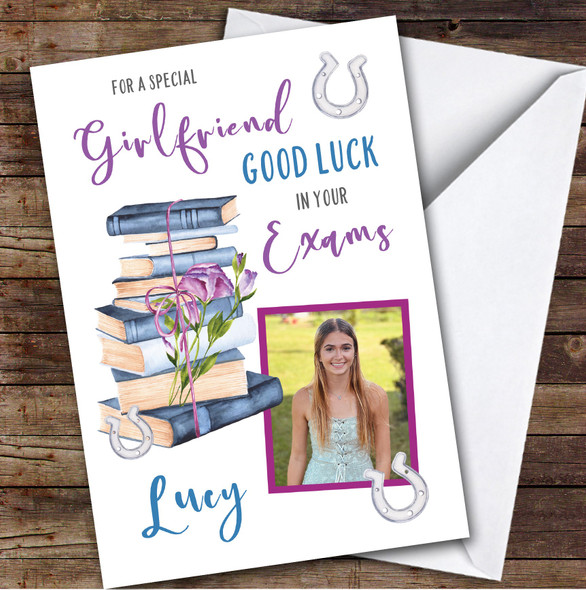 Personalised Good Luck In Your Exams Card For Girlfriend Photo Purple Books