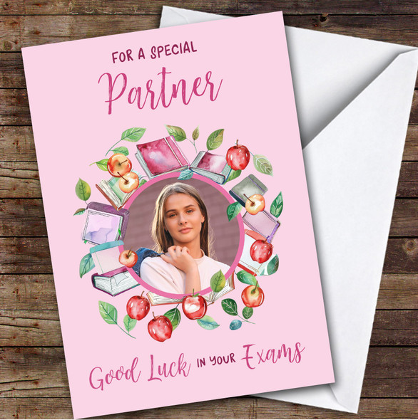 Personalised Good Luck In Your Exams Card For Partner Photo Apple Books Pink