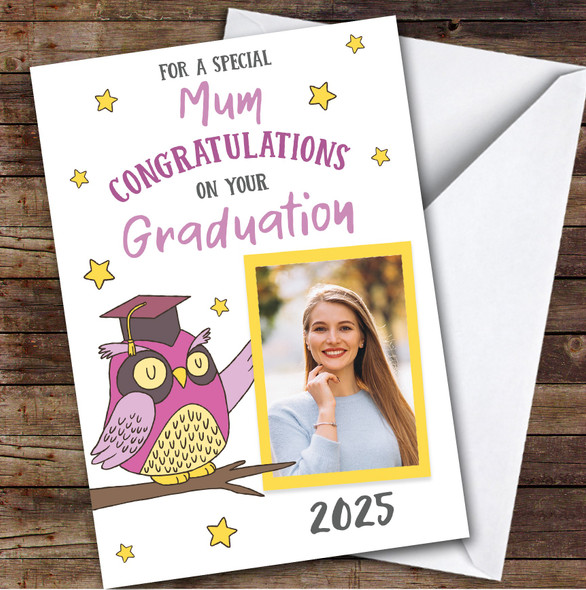 Personalised Graduation Card For Mum Photo Pink Owl