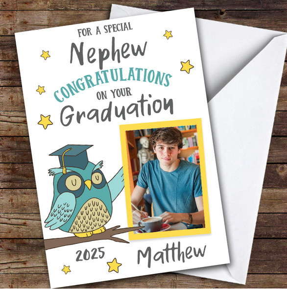 Personalised Graduation Card For Nephew Photo Green Owl