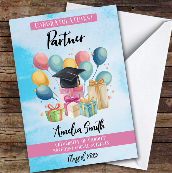 Personalised Graduation Card For Partner Balloons Gift Blue
