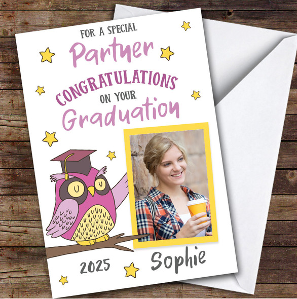 Personalised Graduation Card For Partner Photo Pink Owl