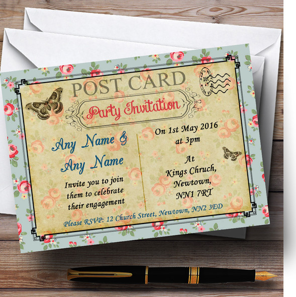 Pink Blue Floral Vintage Paris Shabby Chic Postcard Customised Engagement Party Invitations