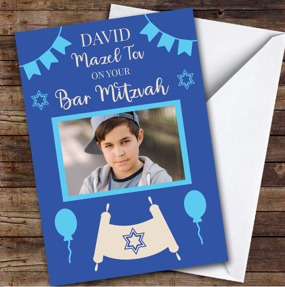 Personalised Bar Mitzvah Card For Anyone Photo Blue Scroll