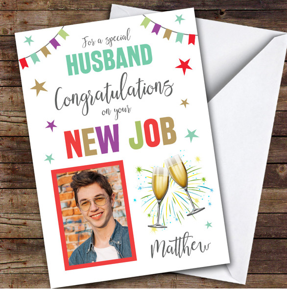 Personalised New Job Card For Husband Photo Champagne Cheers