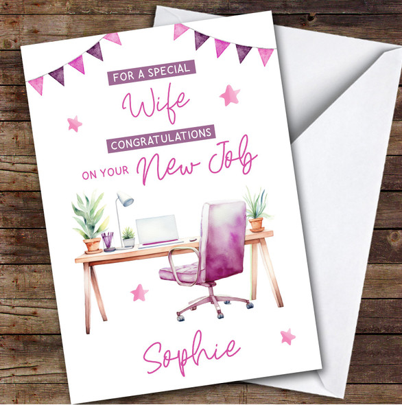 Personalised New Job Card For Wife Desk Job Pink