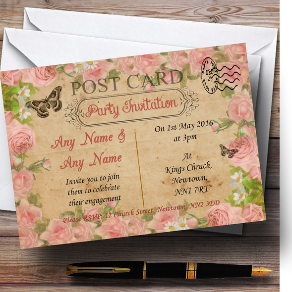 Pink Roses Vintage Shabby Chic Postcard Customised Engagement Party Invitations