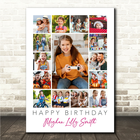 Photo Collage Kids Girls Birthday Custom Gift 15-Photo Pink Print Or Canvas