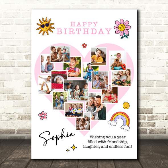 Photo Collage Kids Girls Birthday Gift 16-Photo Pink Heart Print Or Canvas