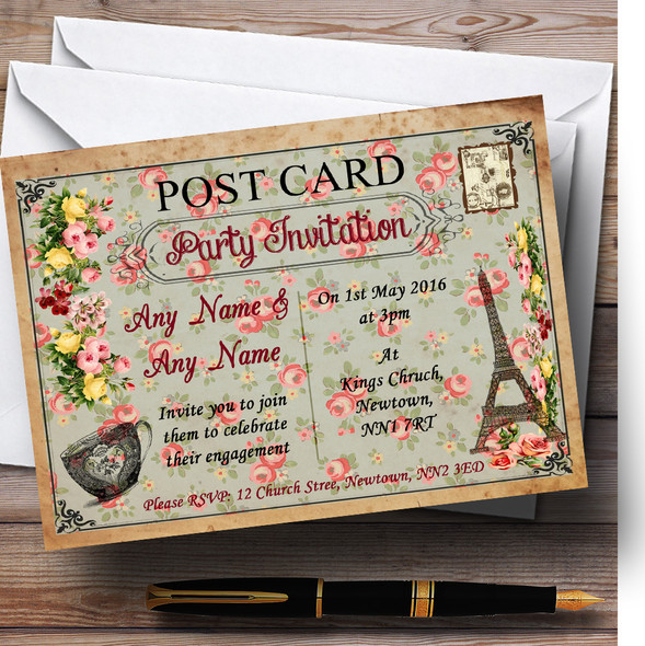 Vintage Paris Shabby Chic Postcard Floral Customised Engagement Party Invitations