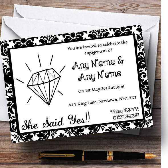 White Diamond Damask Customised Engagement Party Invitations