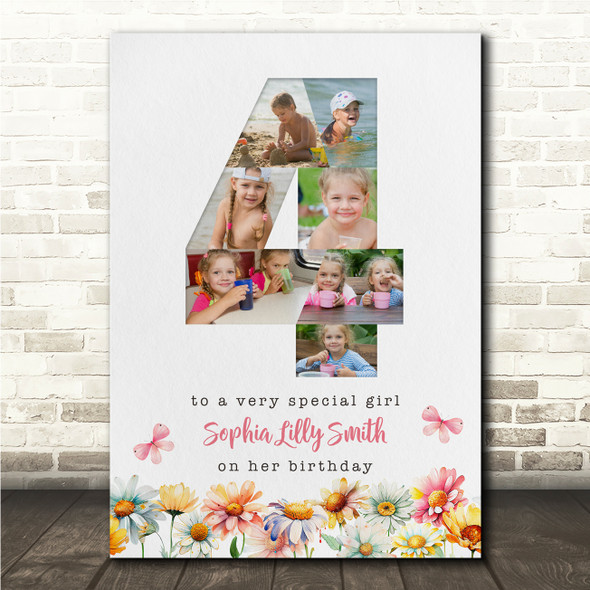 Photo Collage 7-Photo 4th Birthday Gift For Kids Girls Floral Print Or Canvas