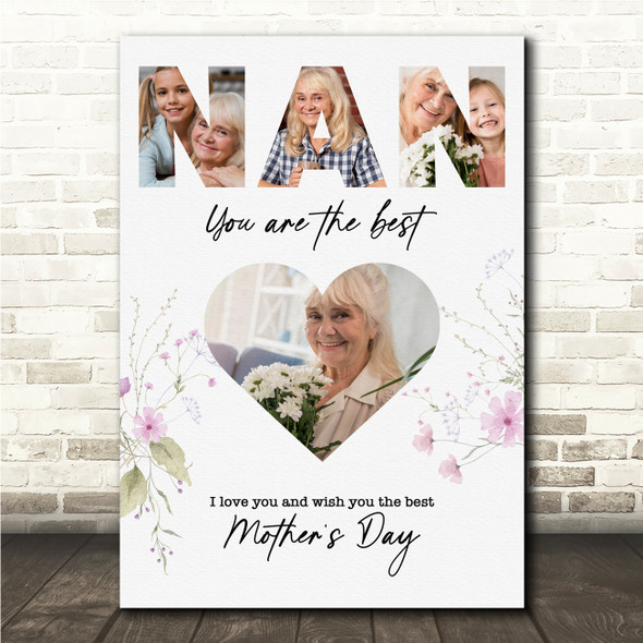 Photo Collage Gift For Nan Mother's Day 4-Photo Heart Floral Print Or Canvas