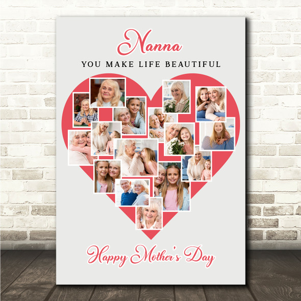 Photo Collage Gift For Nanna Mother's Day 16-Photo Red Heart Print Or Canvas