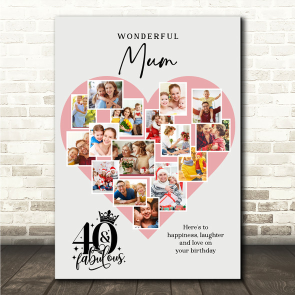 Photo Collage 40th Birthday Gift For Mum 16-Photo Pink Heart Print Or Canvas