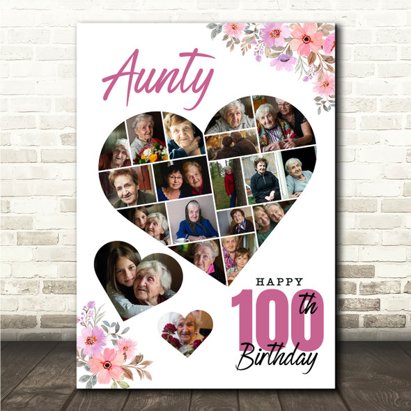 Photo Collage 100th Birthday Gift For Aunty 19-Photo Floral Print Or Canvas