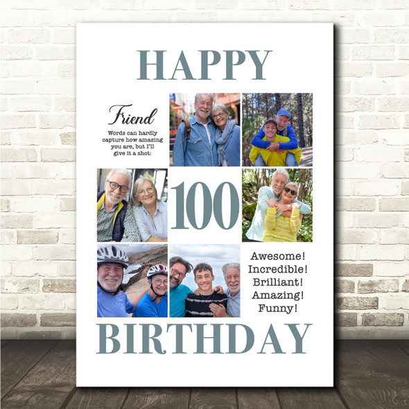 Photo Collage 100th Birthday Custom Gift For Friend 6-Photo Print Or Canvas