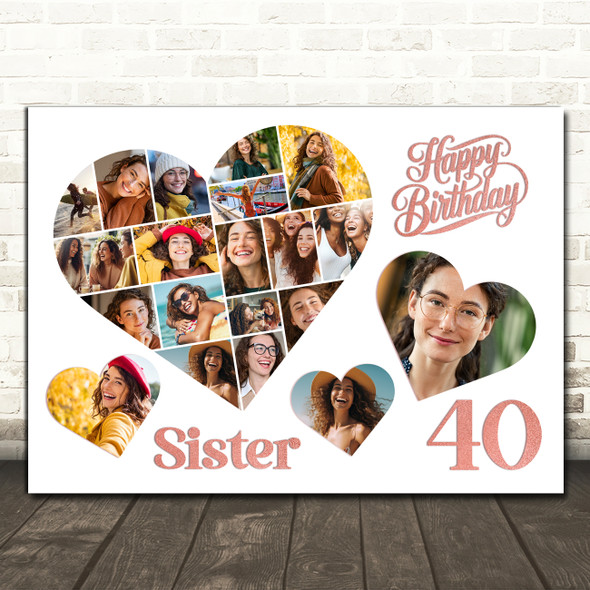 Photo Collage 40th Birthday Gift For Sister 20-Photo Hearts Print Or Canvas