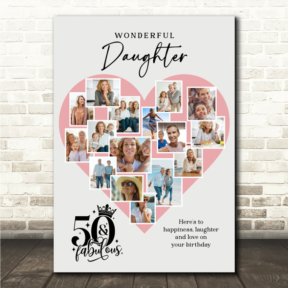 Photo Collage 50th Birthday Gift For Daughter 16-Photo Pink Print Or Canvas