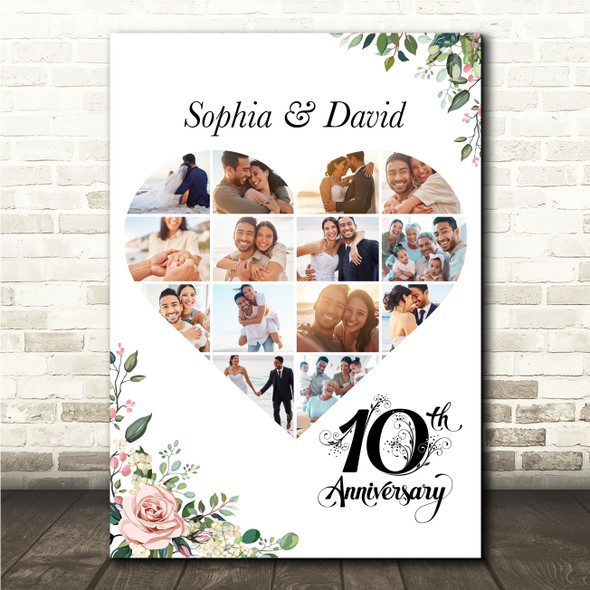 Photo Collage 10th Wedding Anniversary Gift 14-Photo Pink Floral Print Or Canvas