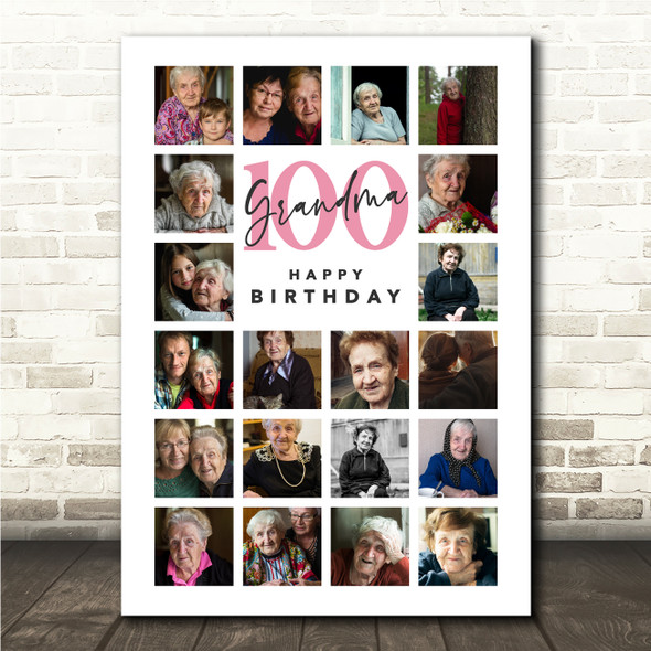 Photo Collage 100th Birthday Gift For Grandma 20-Photo Portrait Print Or Canvas