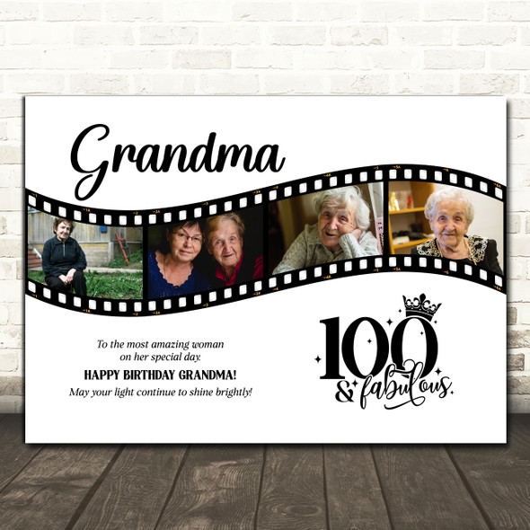 Photo Collage 100th Birthday Gift For Grandma 4-Photo Film Reel Print Or Canvas