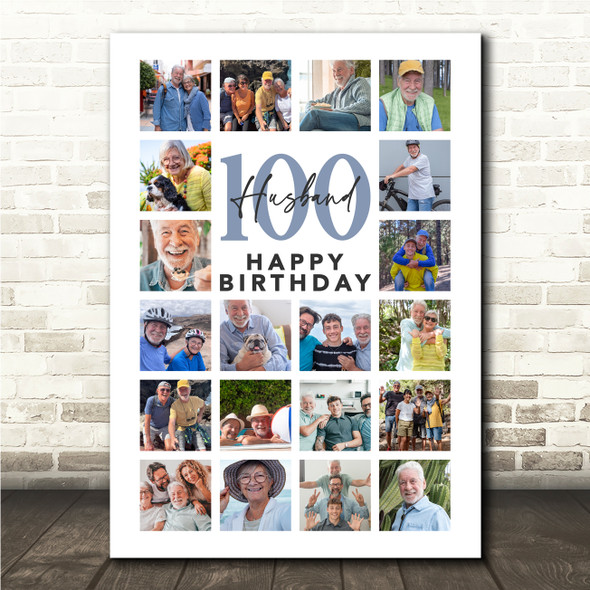 Photo Collage 100th Birthday Gift For Husband 20-Photo Portrait Print Or Canvas